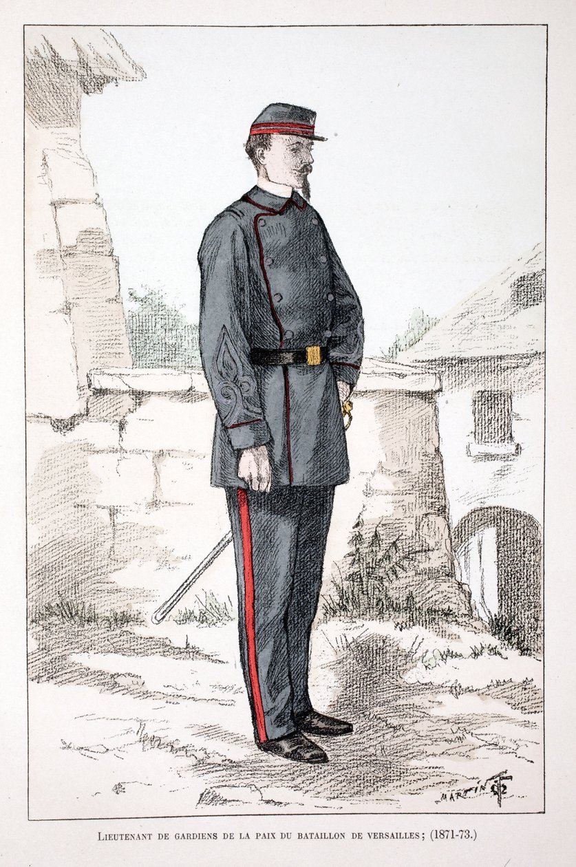 A Versailles-i zászlóalj békeőreinek hadnagya (1871-1873). Színes rézkarc, illusztrációként „A békefenntartók hadtestének története”” című könyv Louis Lepine (1846-1933) Szajna menti rendőrprefektus gondozásában jelent meg, A. alkotó: Unknown artist