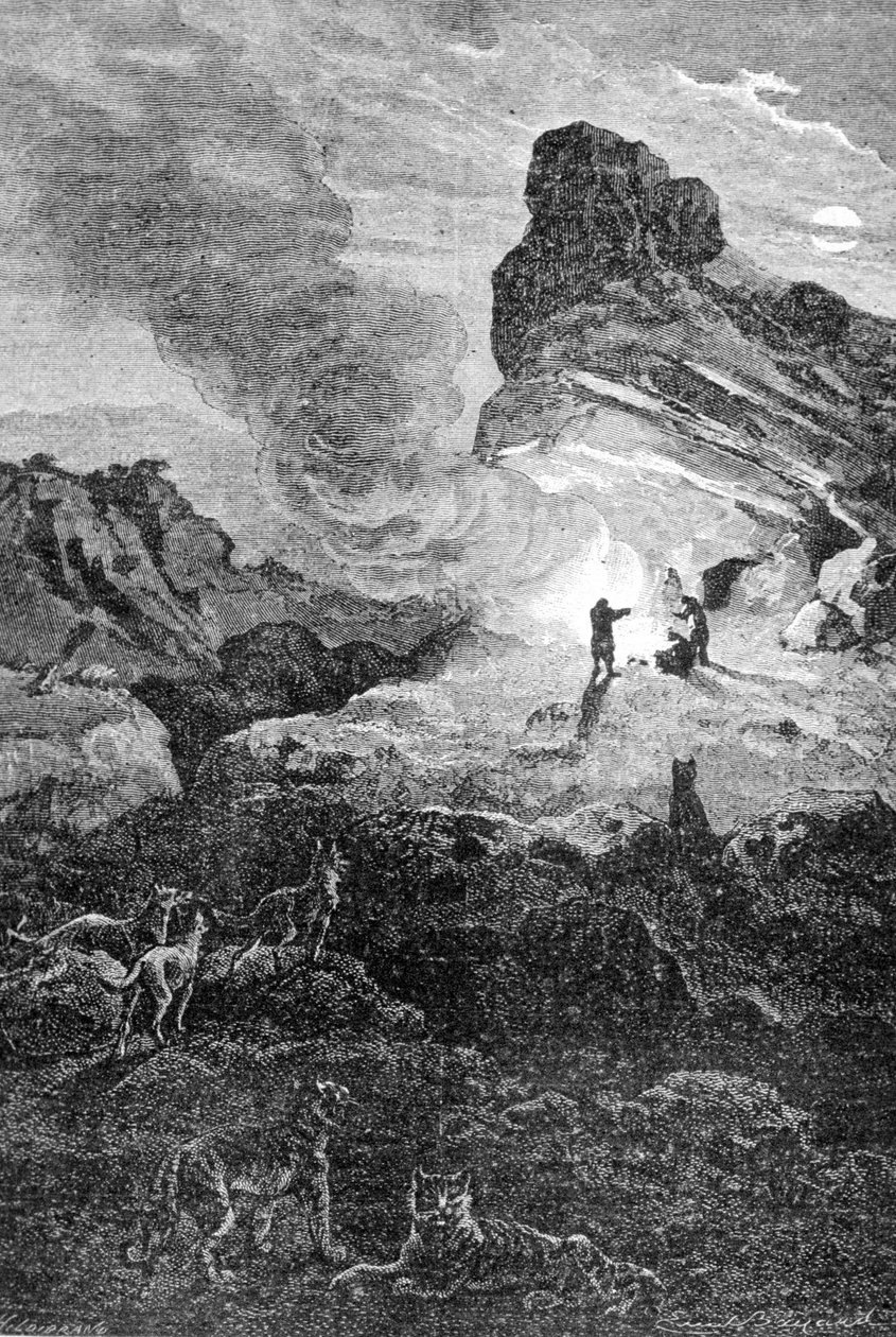 Élet a paleolitikumban. 19. századi metszet. alkotó: Unknown artist