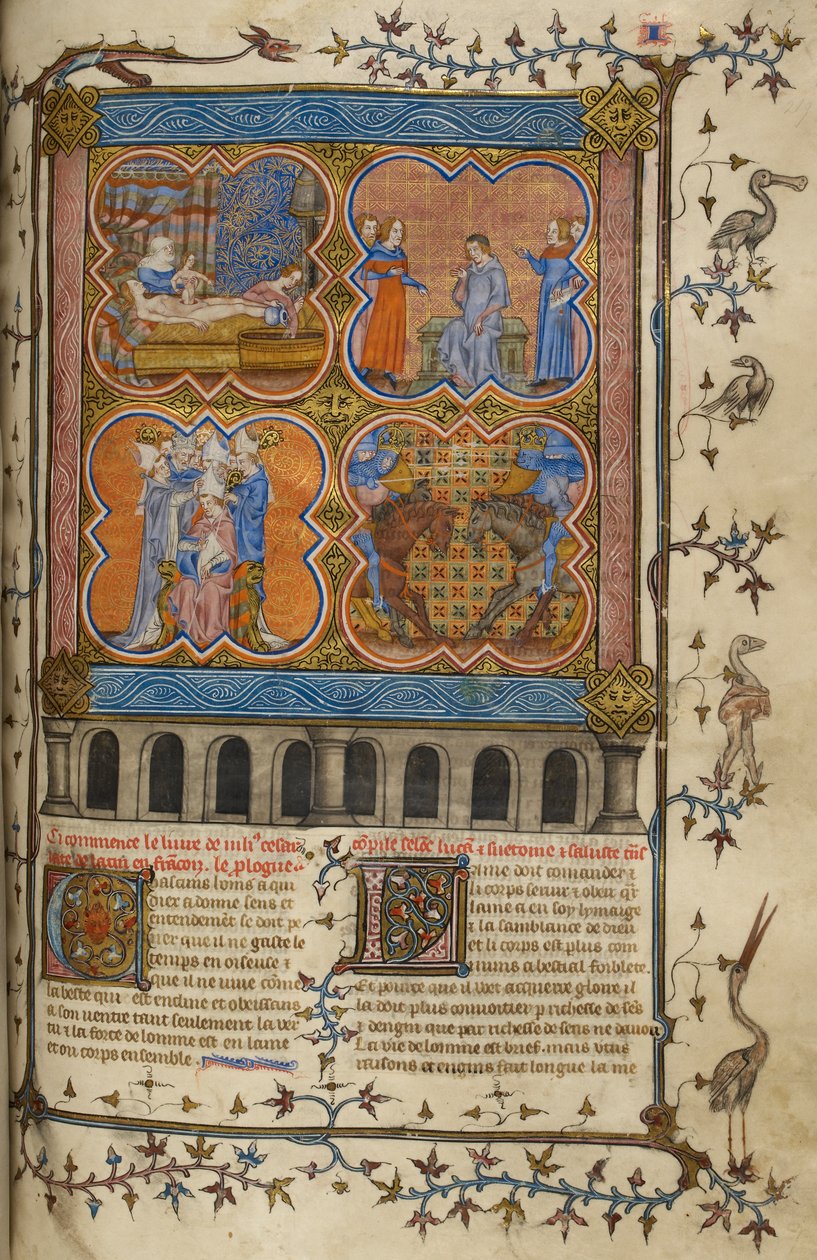 Julius Caesar élete: négy miniatűr születését, válását, pápaságát és Pompeiussal folytatott harcát; szöveg díszített kezdőbetűkkel, szegéllyel madarakkal és groteszkekkel. alkotó: Unknown artist