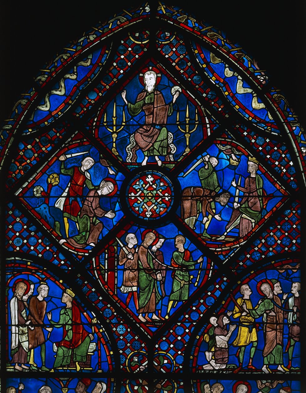 Nagy Szent Jakab élete, az ablak felső része, ólomüveg ablak (XII. század), Chartres-i katedrális (az Unesco világörökségi listája) alkotó: Unknown artist
