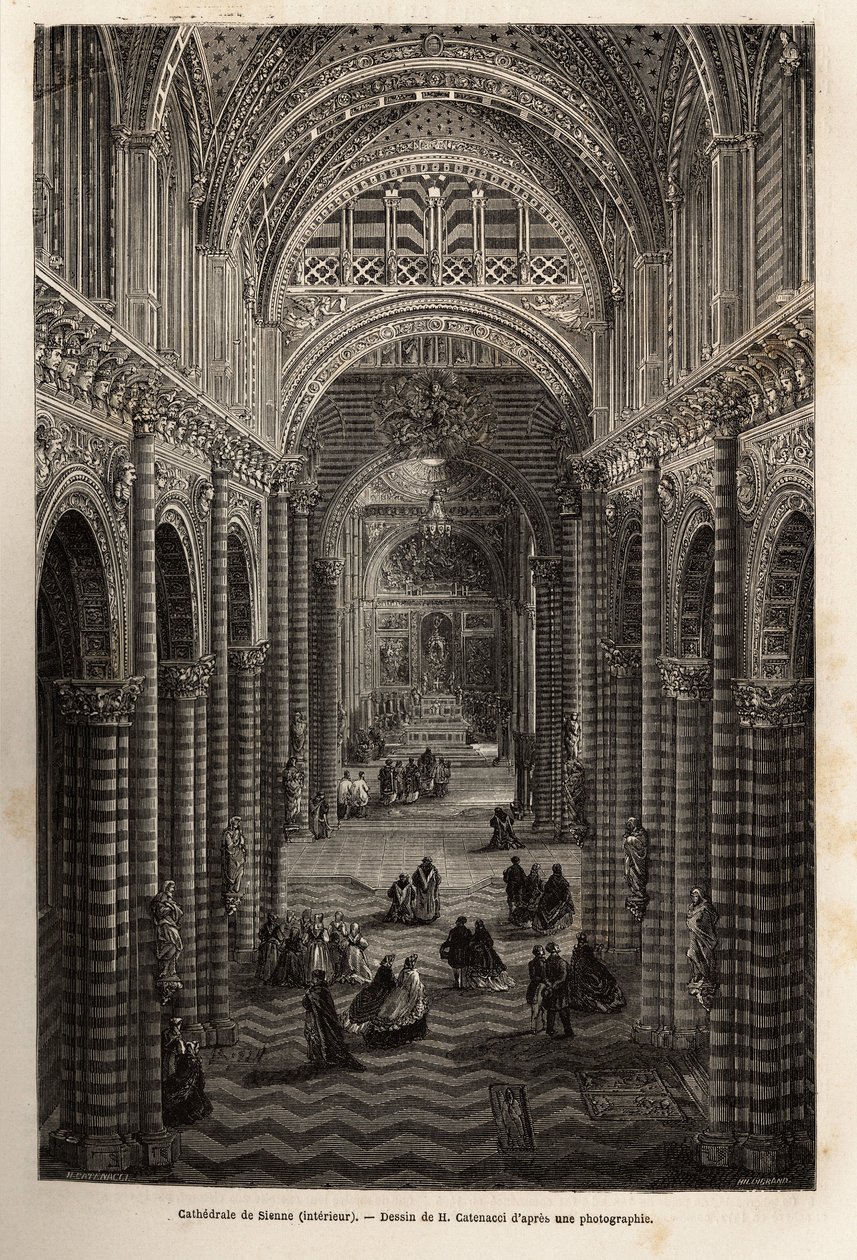 A sienai katedrális belseje, egy 1865-ös Sienába (Olaszország) tett utazást illusztráló metszet az Edouard Charton irányítása alatt megjelent „Le tour du monde, nouveau Journal des voyages”-ben. alkotó: Unknown artist