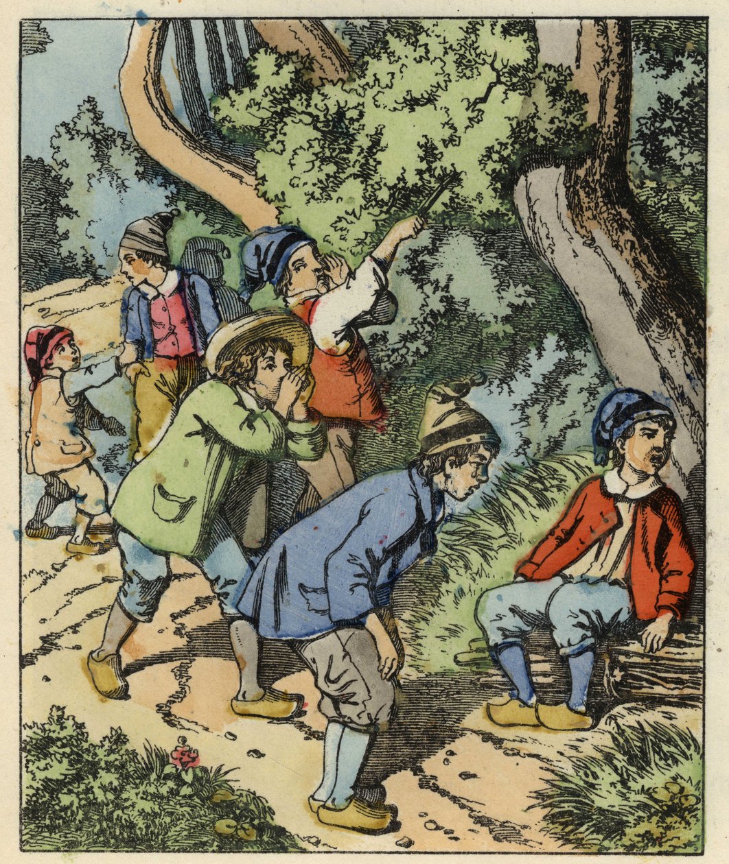 A kis Poucet és testvérei elvesztek a szüleik által elhagyott erdőben. Illusztráció Charles Perrault „Le Pepetit Poucet” című meséjéhez alkotó: Unknown artist