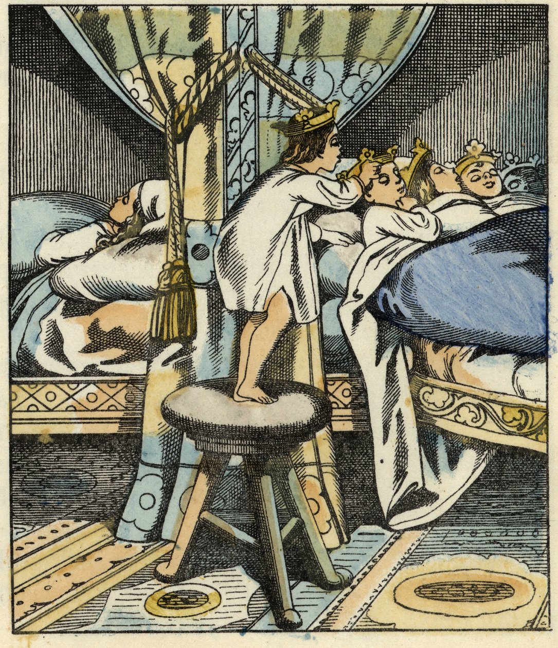 A kis Poucet az ogre hét lányának koronáját helyezi testvérei fejére. Illusztráció Charles Perrault „Le Petite Poucet” című meséjéhez alkotó: Unknown artist