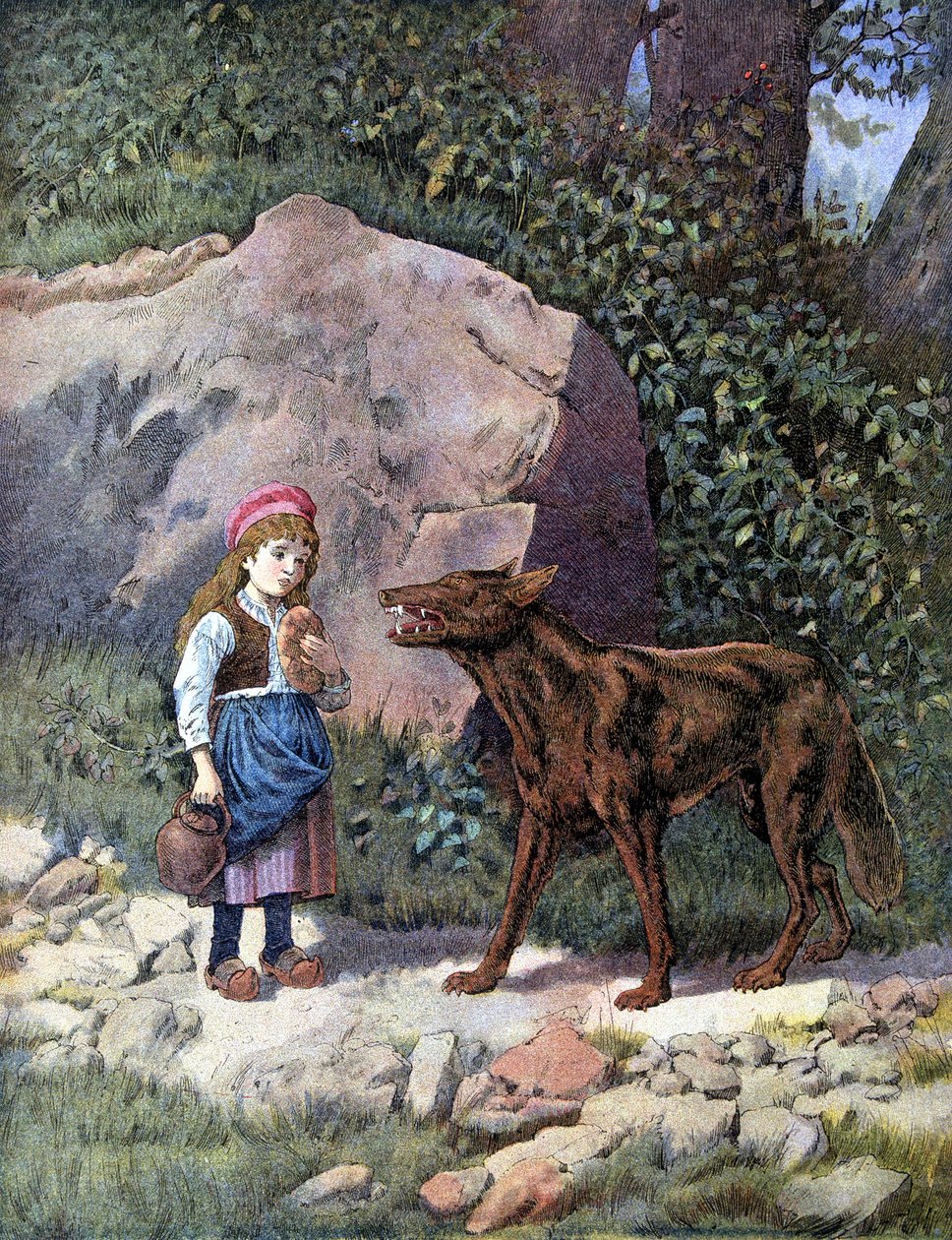 Piroska találkozás a farkassal az erdőben – a „Les Tales de Perrault” című filmben” alkotó: Unknown artist