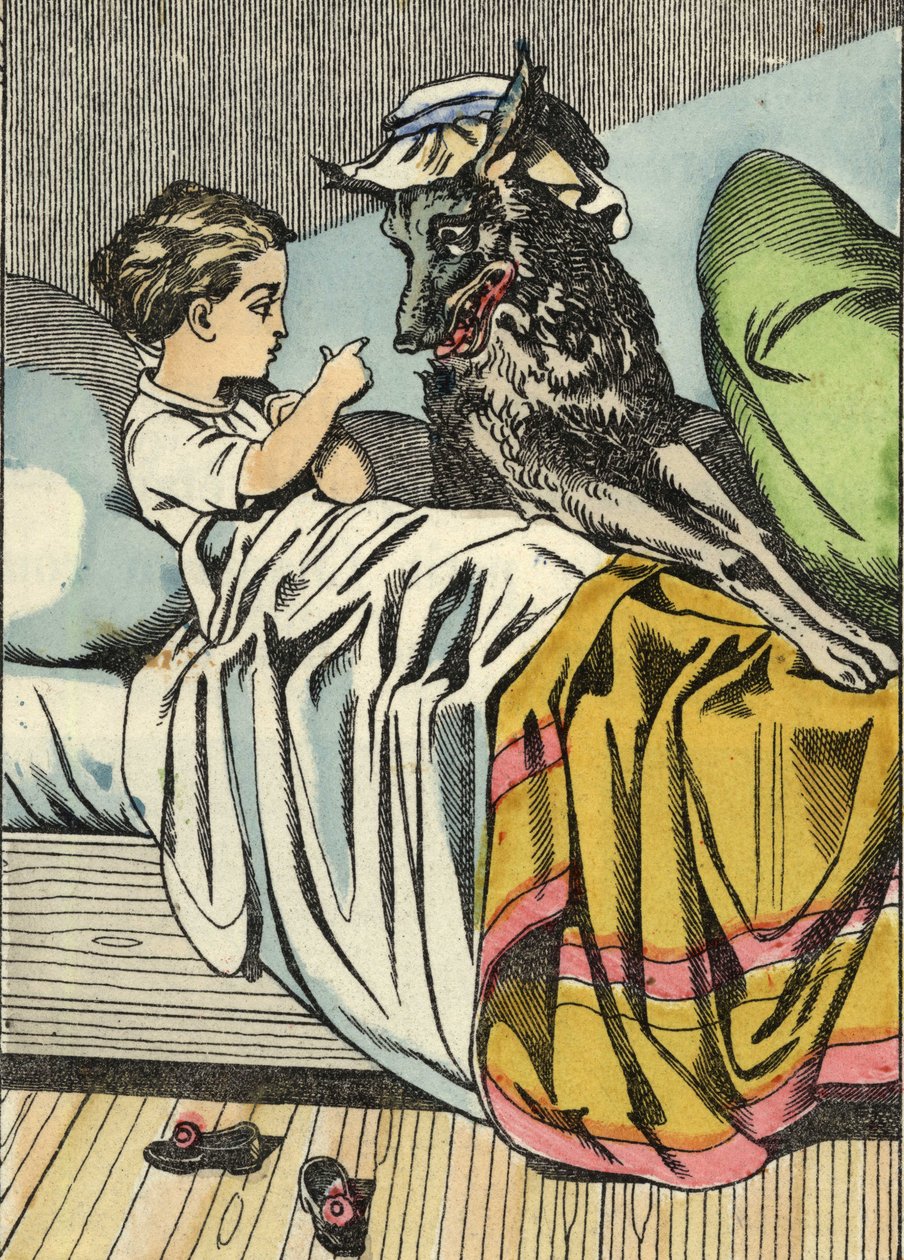 A Piroska megkérdezi a Farkastól: "Nagyi, mert nagyok a fogaid." Illusztráció Charles Perrault „A Piroska” című meséjéről alkotó: Unknown artist