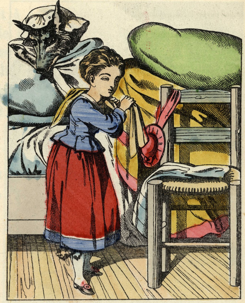 Piroska a nagymamája házában. Illusztráció Charles Perrault „A Piroska” című meséjéről alkotó: Unknown artist