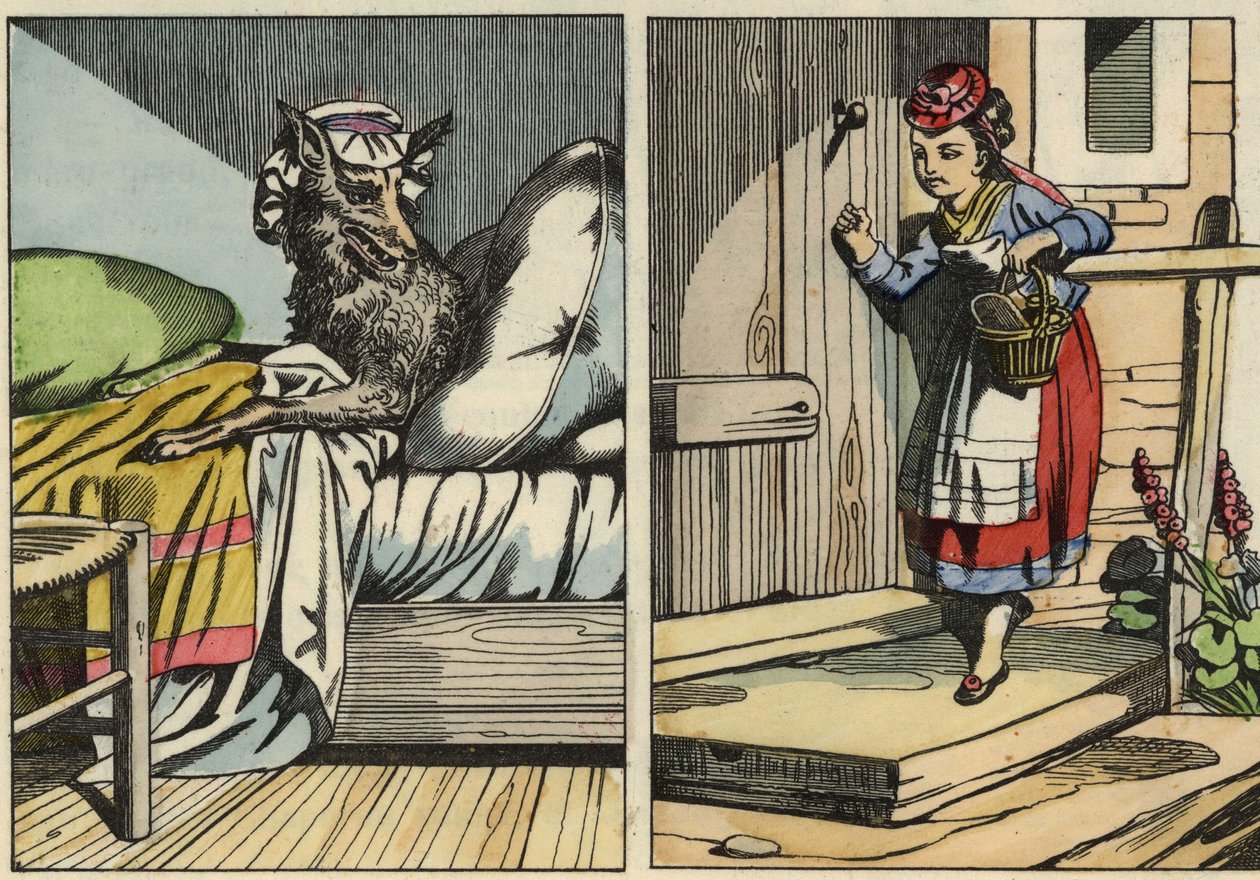 Piroska kopogtat a nagymamája ajtaján. Illusztráció Charles Perrault „A Piroska” című meséjéről alkotó: Unknown artist