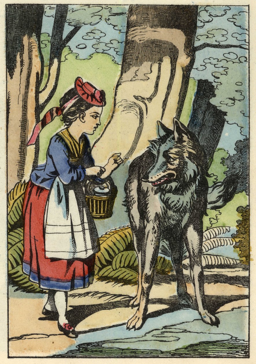 Piroska találkozik a farkassal az erdőben. Illusztráció Charles Perrault „A Piroska” című meséjéről alkotó: Unknown artist
