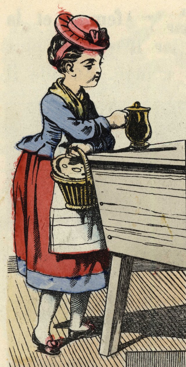 Piroska ennivalót rak a nagymamájának. Illusztráció Charles Perrault „A Piroska” című meséjéről alkotó: Unknown artist