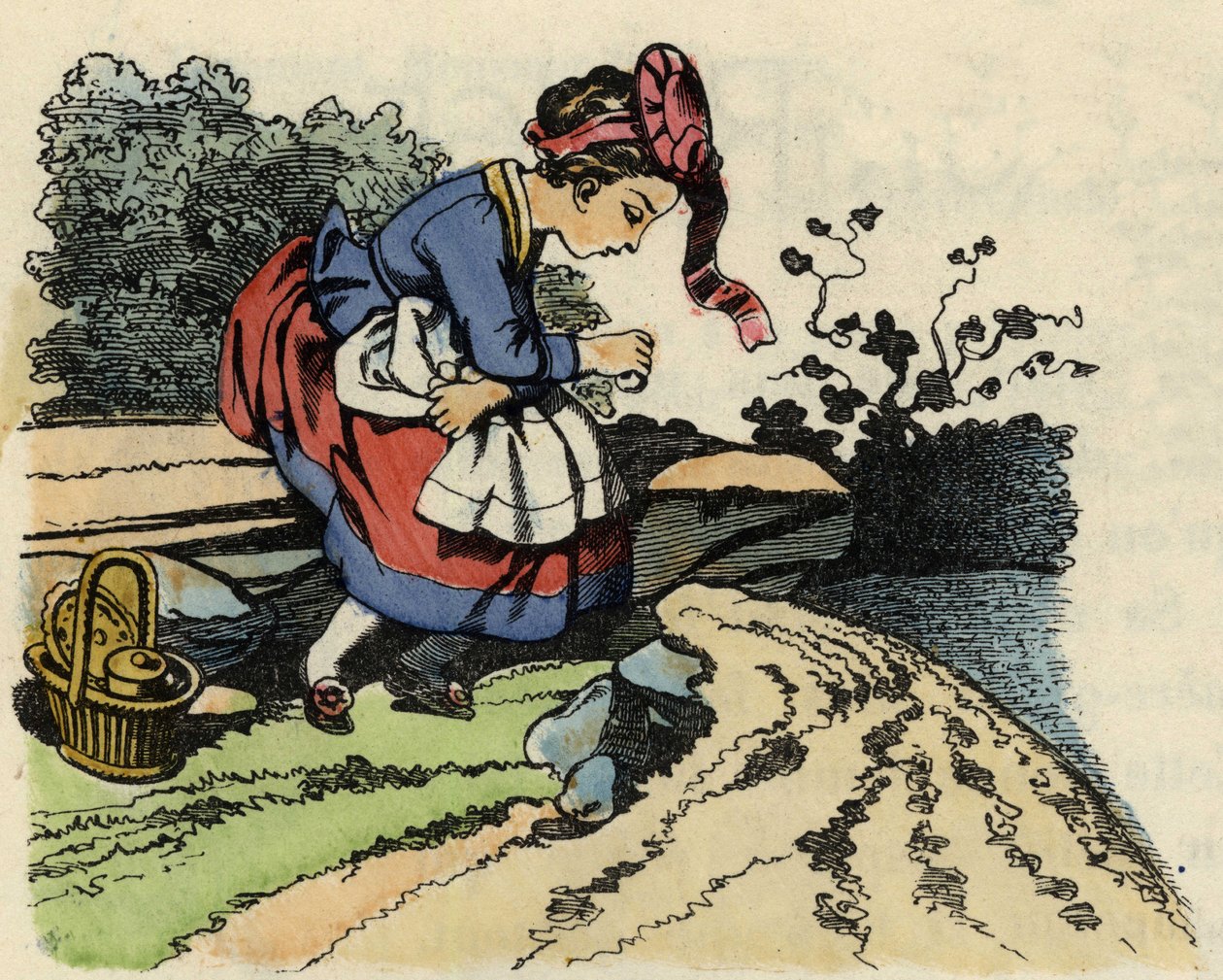 Piroska útközben pihen. Illusztráció Charles Perrault „A Piroska” című meséjéről alkotó: Unknown artist