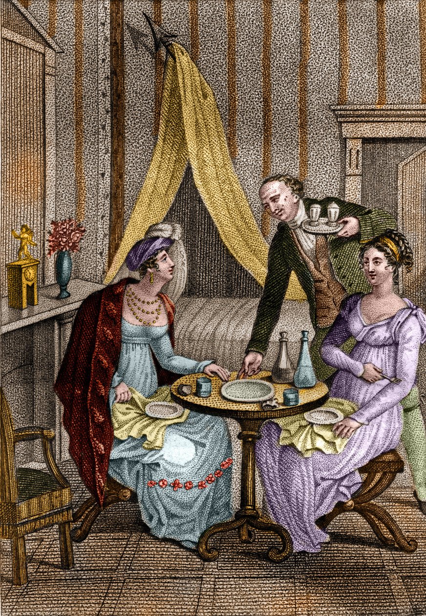Kis vacsora. Olympe de Gouges (1748-1793), francia betűs nő, forradalmár Celine egyik barátjával. Jean Nicolas Bouilly (1763-1842) „” Conseils a ma fille „”-ben. 1820. Magángyűjtemény. alkotó: Unknown artist