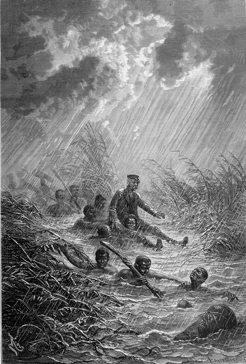 Livingstone és emberei egy vízfolyáson átkelve – „” Livingstone utolsó útja 1866-1873”” a „Tour du Monde” című részben, 2. szem. 1875 alkotó: Unknown artist