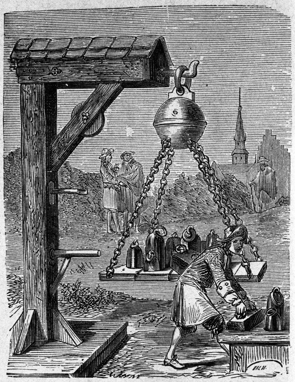 Függesztett magdeburgi féltekék rakodása. Metszet Otto von Guericke (Otto de Guericke: Experimenta Nova Magdeburgica de vacuo spatio) című könyvéből alkotó: Unknown artist