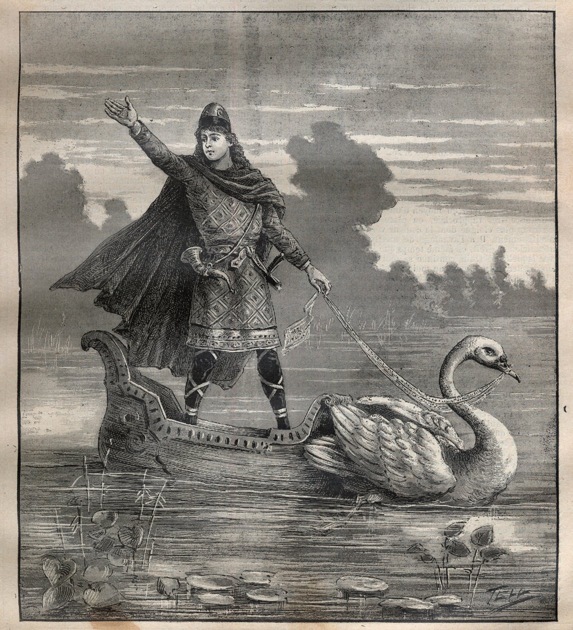 Lohengrin egy hattyú által rajzolt gondolában, Richard Wagner (1813-1883) „Lohengrin” című operájának jelenete – Metszet a „La Science francaise”-ben” alkotó: Unknown artist