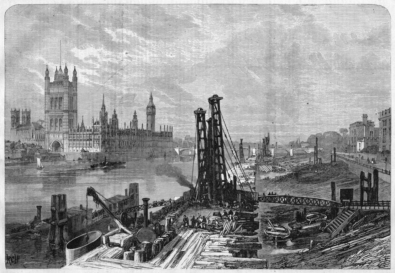 London, dokkok építése a Temze déli partján, Westminster közigazgatási városával szemben az északi parton. In „” L