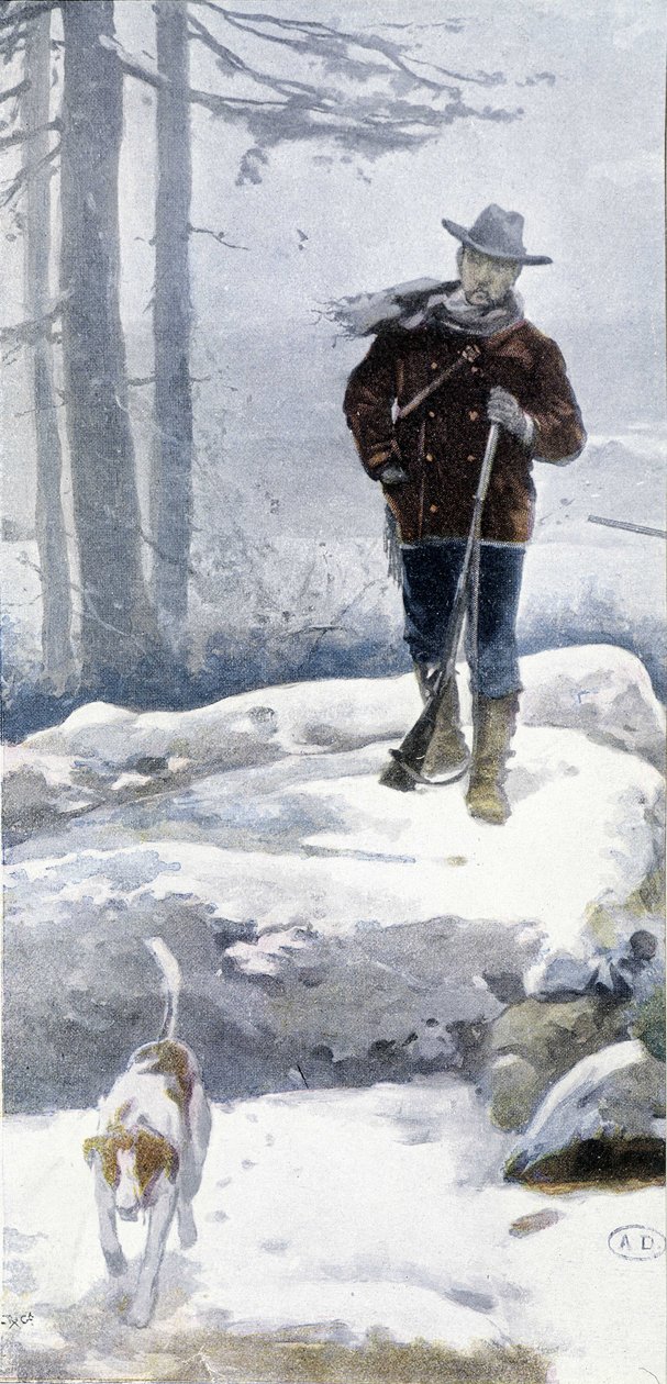 Magányos vadász kutyával egy havas tájon, 19. század vége alkotó: Unknown artist