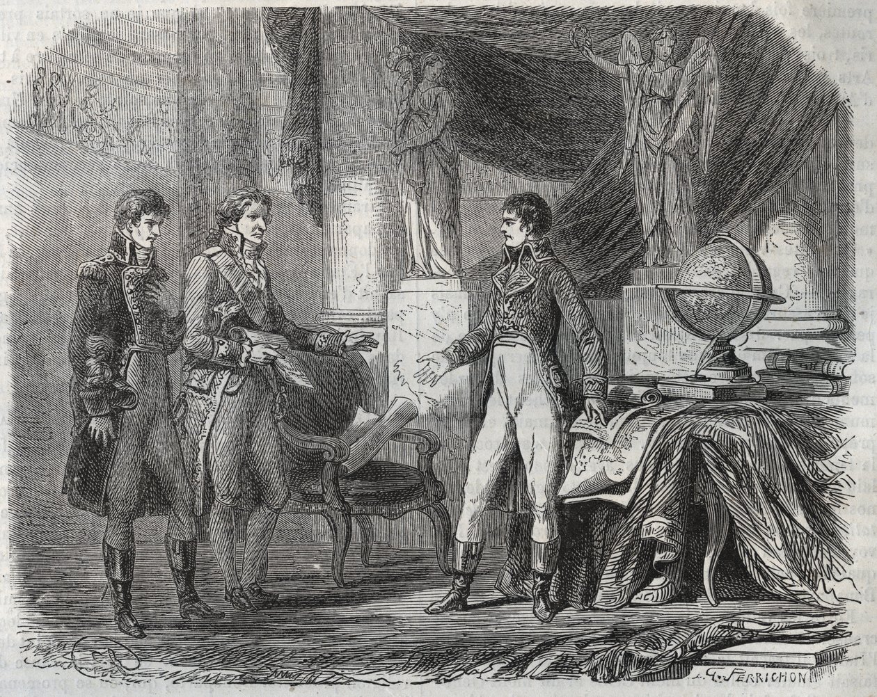 Lord Cornwallis (1738-1805) az amiensi békeszerződésről (1802) tárgyal Bonaparte Napóleonnal (1769-1821) – az amiensi békéről, Franciaország – 1802 márciusában aláírt szerződés, amely véget vetett a függetlenségi háborúknak alkotó: Unknown artist