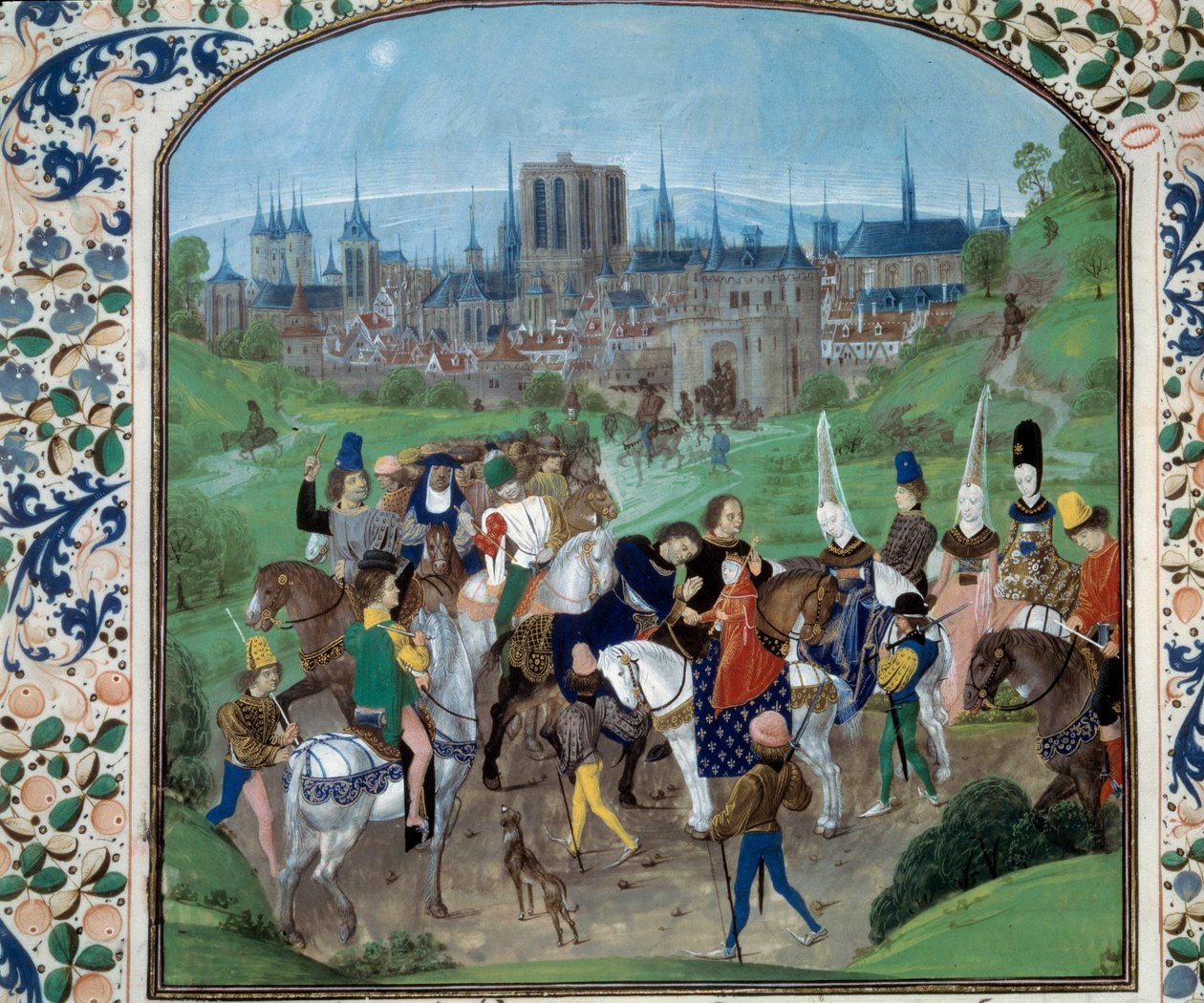 II. Anjou Lajos és Aragóniai Yolande köszönti azt, akiből vejük lesz, majd VII. Károly. A háttérben; Párizs városa. Miniatűr Jean Froissart (Folio 321v) „Krónikáiban” alkotó: Unknown artist