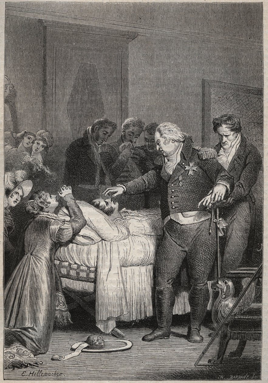 XVIII. Lajos Berry hercegének halálos ágyán – Berry herceg utolsó pillanatai 1820. február 13-án (1778-1820) a párizsi operában, XVIII. Lajos és a királyi család körül – „Histoire de France narrate to my unokák" alkotó: Unknown artist