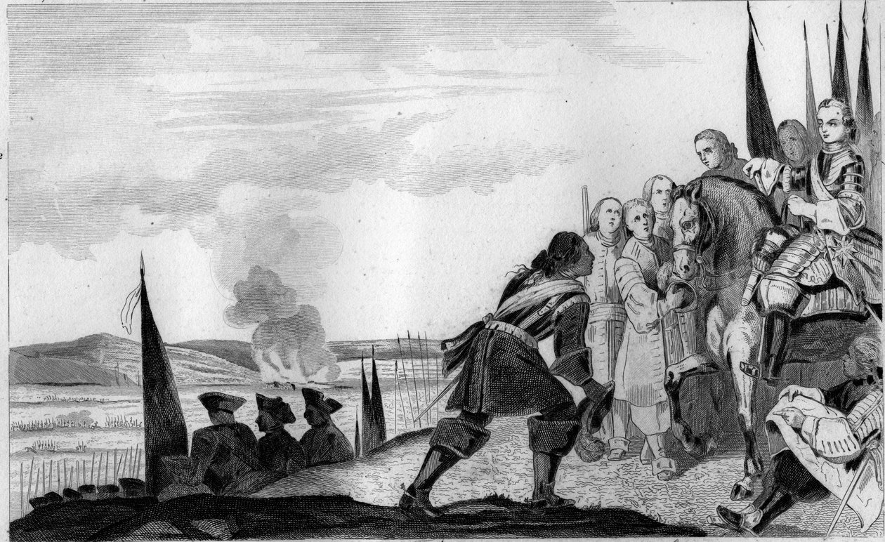 XV. Lajos (1710-74) az 1745-ös fontenoi-i csatában – Ausztria örökösödési háborúja (1740-1748) – Szászországi Maurice, Szászország marechalja (1696-1750), a fontenoi-i csatában győztes francia királlyal találkozik , XV. Lajos (1710-1774) - 1825-ös metszete alkotó: Unknown artist