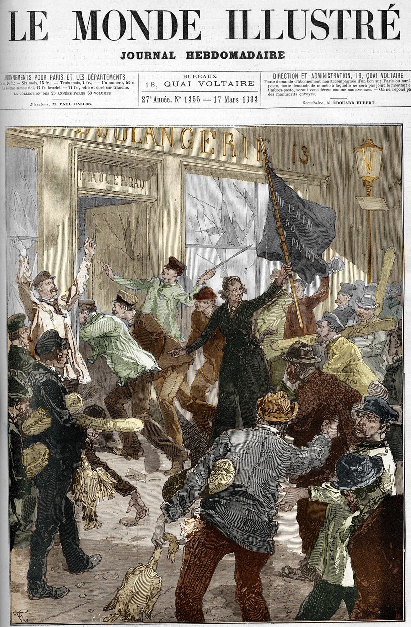 Louise Michel (1833-1905), francia forradalmár, aki „kenyér vagy halál” feliratú fekete zászlót lengetett, egy pékség kifosztása közben az 1883. március 9-i párizsi munkástüntetésen. alkotó: Unknown artist