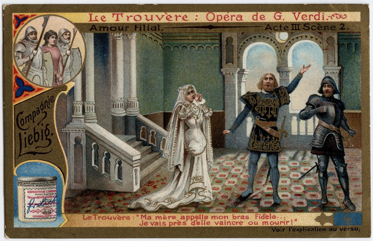 Szerelmi gyermeki felvonás III. jelenet 2. Illusztráció Giuseppe Verdi (1813-1901) „” A megtalált”” (Il trovatore) című operájához. Kromolitográfia (Chromo) Liebig a 19. század végéről. alkotó: Unknown artist