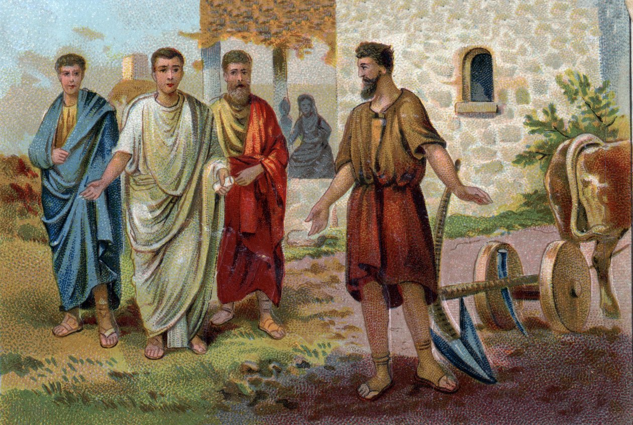 Lucius Quinctius Cincinnatus (Kr.e. 520/v.430), római konzul, mezőgazdasági feladatokkal foglalkozott, amikor a szenátorok (a Római Birodalom szenátusa) könyörögtek, hogy fogadja el a legfőbb parancsot és legyen Róma diktátora ie 458-ban. Kromolitográfia k alkotó: Unknown artist
