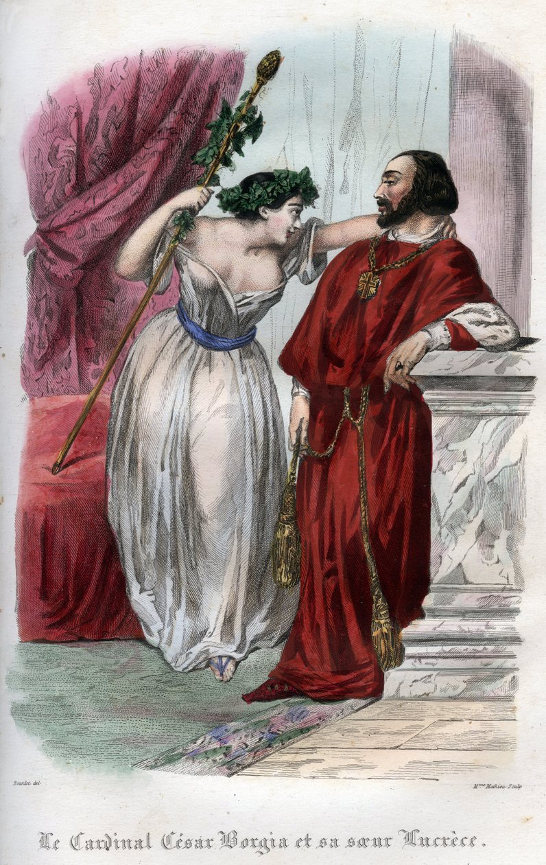 Lucrece Borgia (1480-1519) testvérével, Cesar Borgiával. (Lucrezia és Cesare Borgia). 1842-ből származó metszet a „Histoire des Popes: bűncselekmények, gyilkosságok, mérgezések, paricidák, házasságtörések, vérfertőzés...” könyvébe Maurice Lachatre. Magángy alkotó: Unknown artist