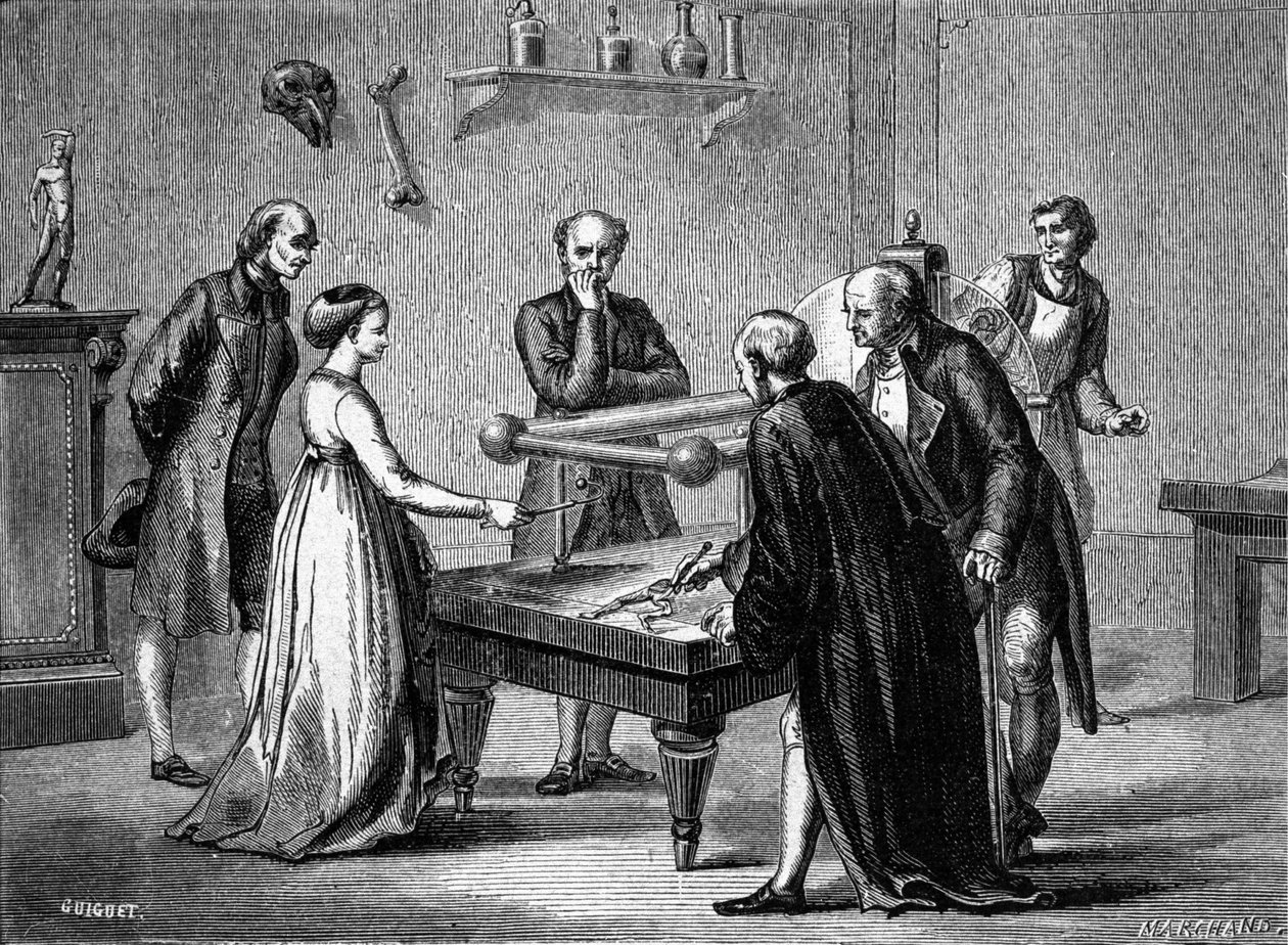 Luigi Galvani, bolognai professzor 1780-ban fedezte fel a békaizmok elektromosság általi ingerlékenységét. századi metszet. alkotó: Unknown artist