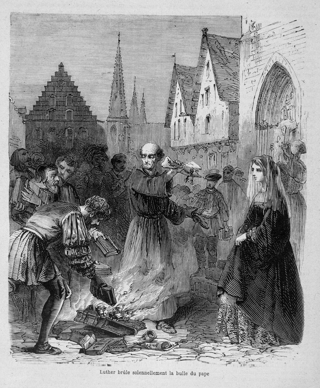 Luther ünnepélyesen elégeti a pápa buborékát – Maurice Lachatre, sd. „Histoire des popes” című művében. 19. század alkotó: Unknown artist