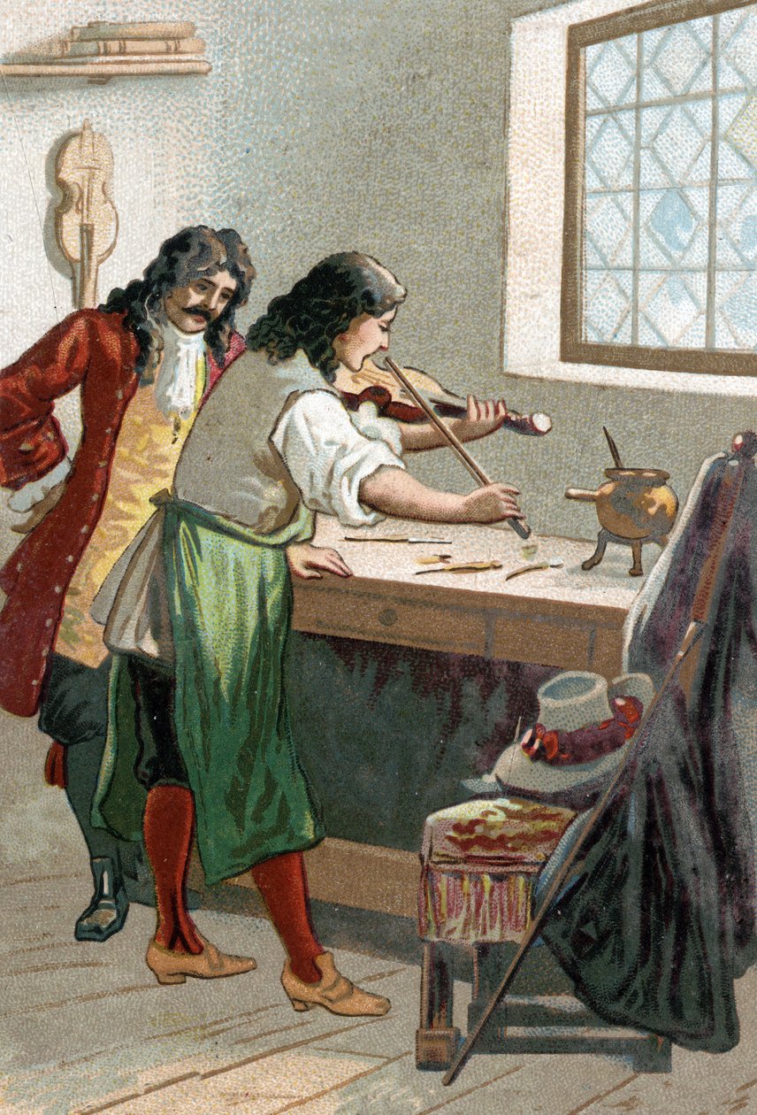 Luthier Stradivarius (Antonio Stradivari) (1644-1737) műhelyében. századi kromolitográfiája alkotó: Unknown artist
