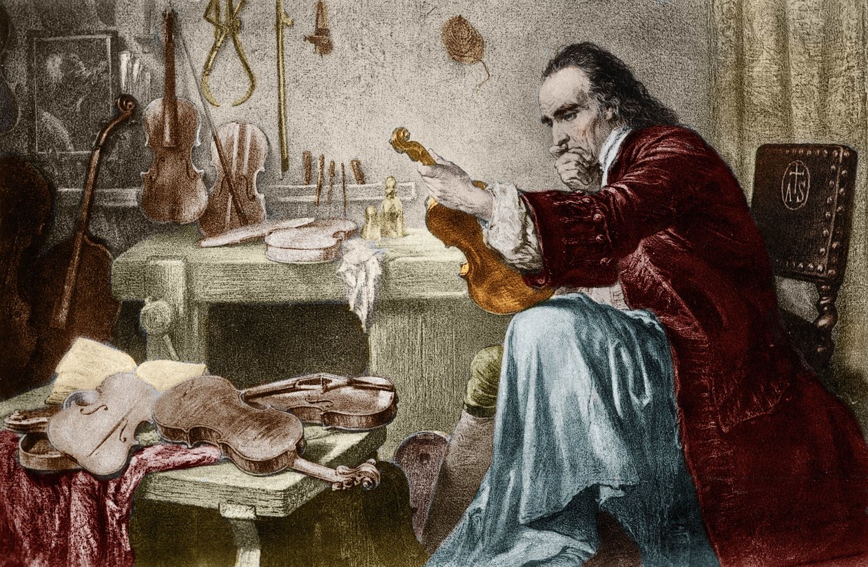 Luthier Stradivarius (Antonio Stradivari) (1644-1737) műhelyében. Hammann metszete. Antonio Stradivari (Stradivarius) hegedűtervező a munkahelyen. alkotó: Unknown artist