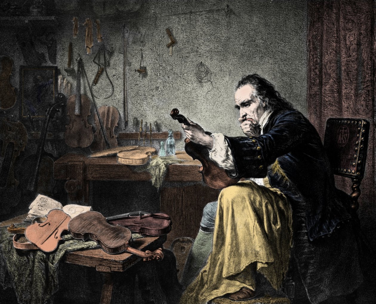 Luthier Stradivarius (Antonio Stradivari) (1644-1737) műhelyében. Hammann metszete. Antonio Stradivari (Stradivarius) hegedűtervező a munkahelyen. alkotó: Unknown artist