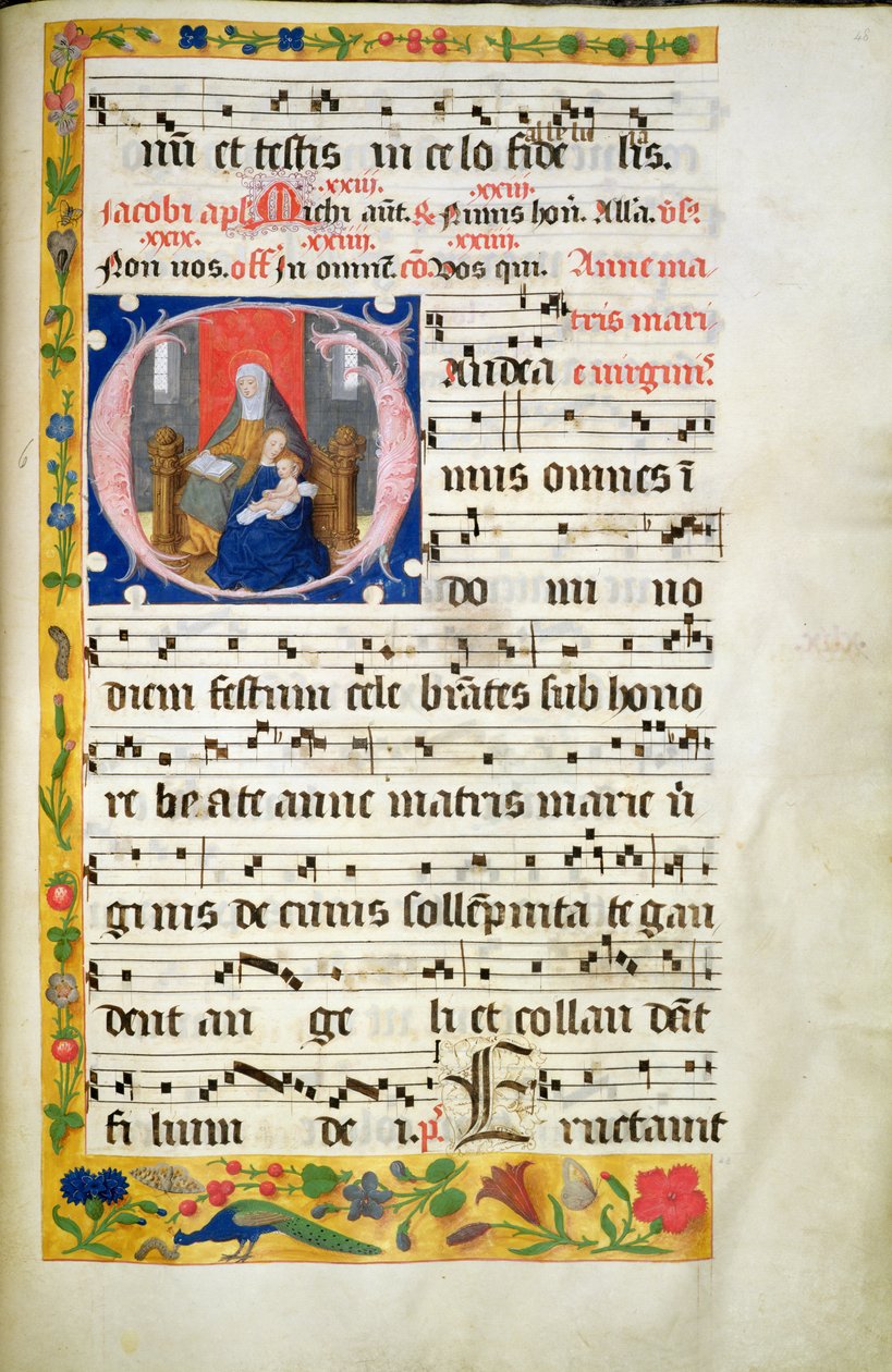 MS.McC.57. f.48r Szent Anna trónol, olvas, Szűz Mária az előtte ülő Gyermekkel, egy antiphon kezdőbetűje, 15. század vége. alkotó: Unknown artist