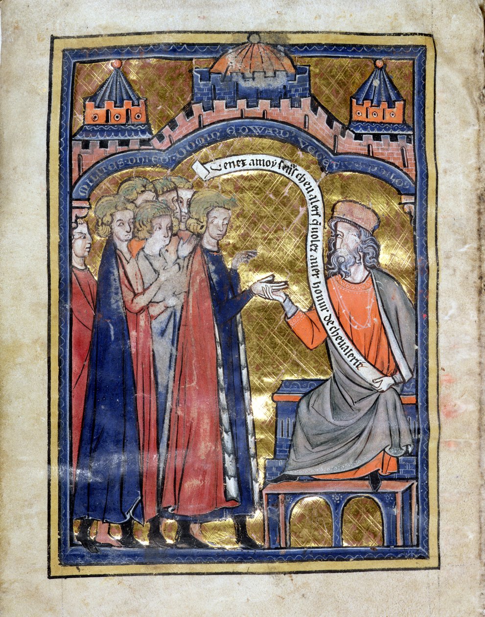 KISASSZONY. Marlay. Add.1.f2b De Re Militari, Vegetius fogadja az ifjú Edward herceget (1239-1307) és társait, 1270 körül (vellum) alkotó: Unknown artist