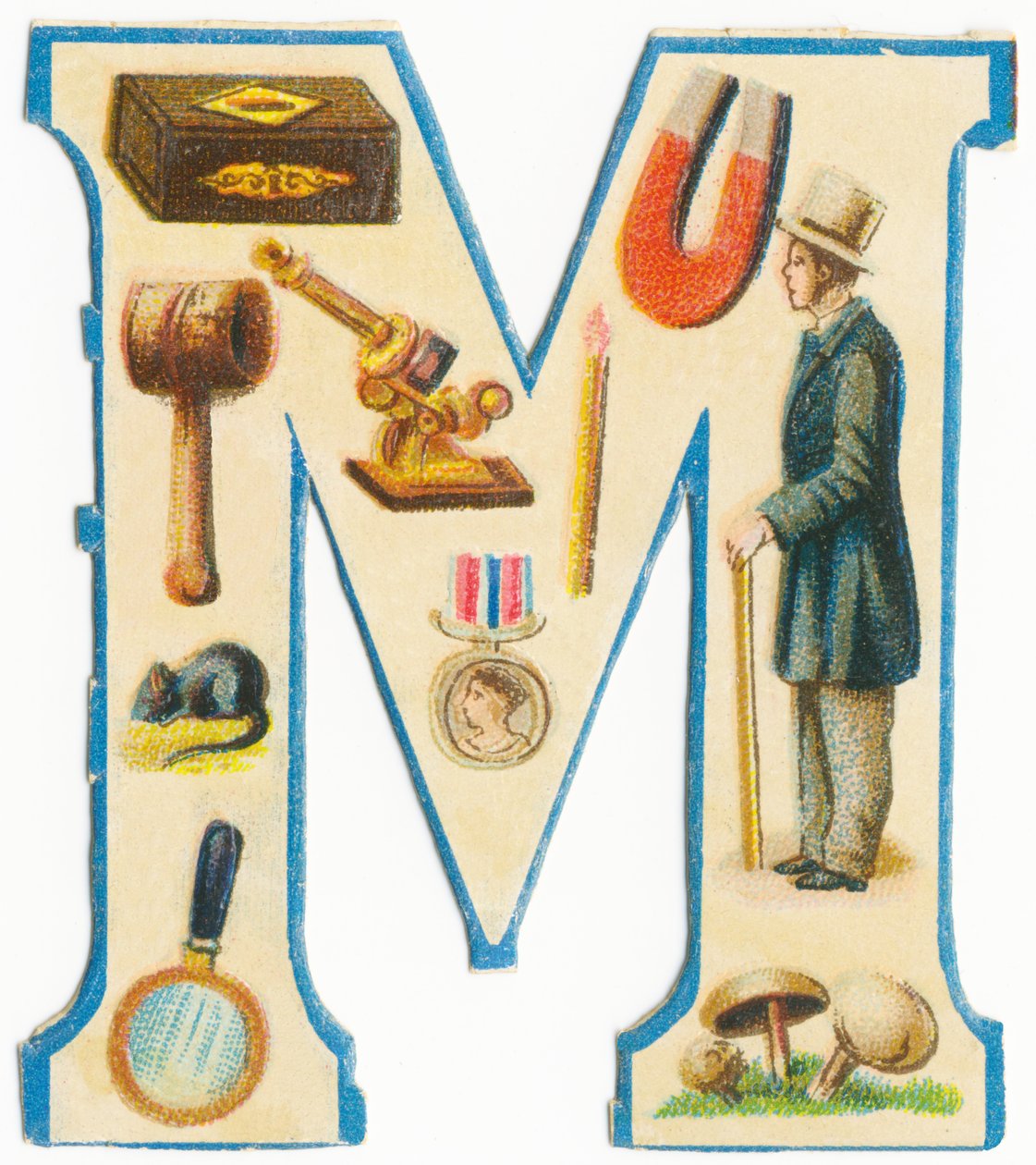 M: gyufa, mágnes, kalapács, mikroszkóp, egér, érem, ember, nagyító, gomba (színes litho) alkotó: Unknown artist