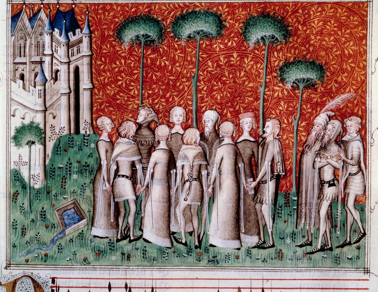 Machaut megtalálja a hölgyét. Miniatűr a „Remede de Fortune” (Folio 51) partitúrájából, Guillaume de Machaut (1300-1377. v.), 1350-1355 körül. alkotó: Unknown artist