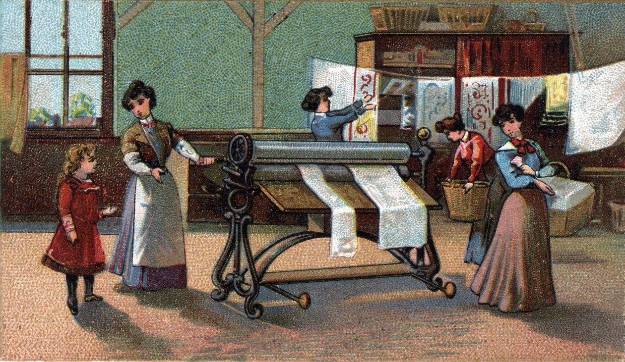 Gépi vasaló. (vasalás). Kromolitográfia a 19. század végéről. alkotó: Unknown artist
