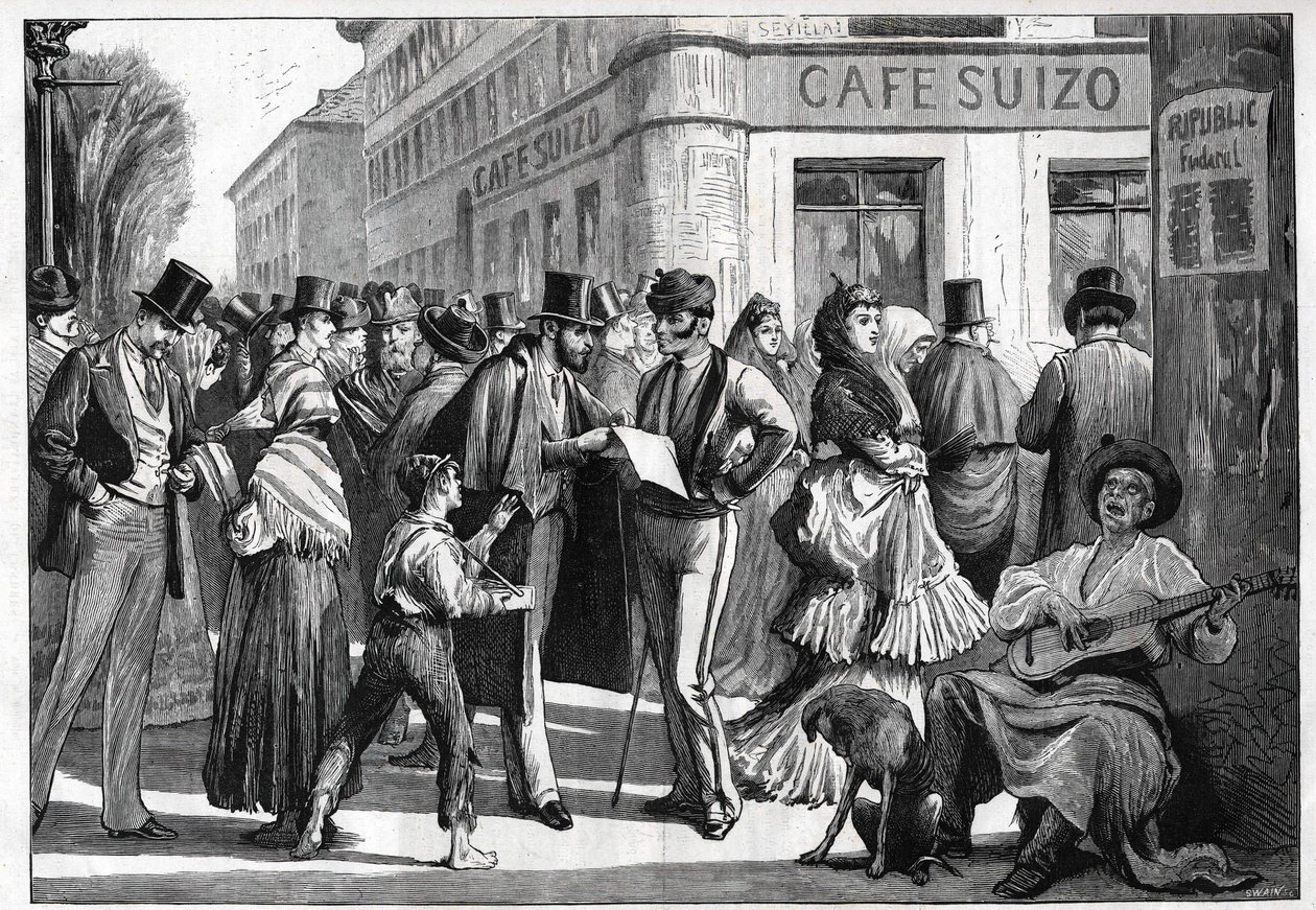 Madrid 1873-ban. Sétálók a Sevilla utca és az Alcala utca sarkán. Metszet 1873-ból. alkotó: Unknown artist