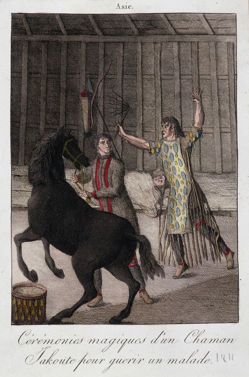 Yakoute (Yakoute) sámán mágikus szertartása egy beteg meggyógyítására (Szibéria) - metszet, deb. 19. század alkotó: Unknown artist