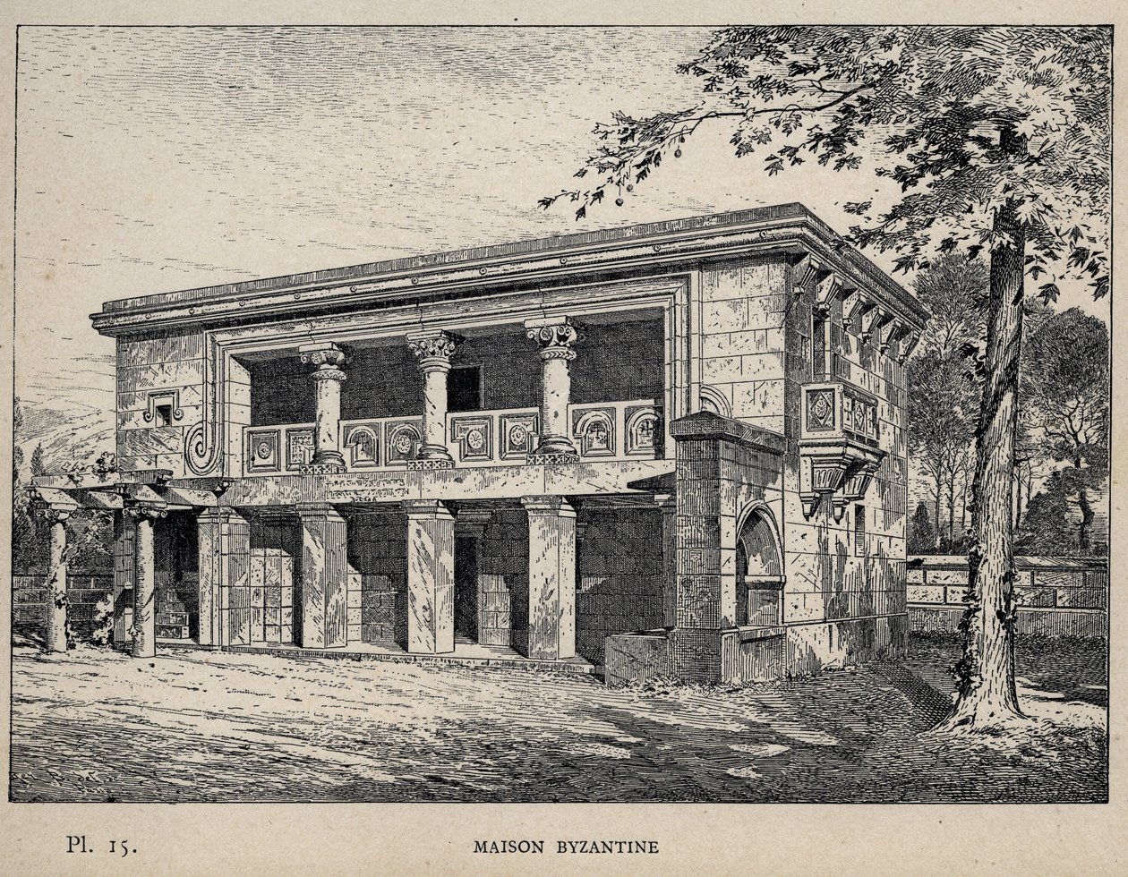 Maison Byzantine (Bizánci Ház) (1889-es metszet az „Emberi lakhatás története az 1889-es egyetemes kiállításon, Charles GARNIER úr – Librairie centrale des beaux-arts Paris 1889” című művében alkotó: Unknown artist