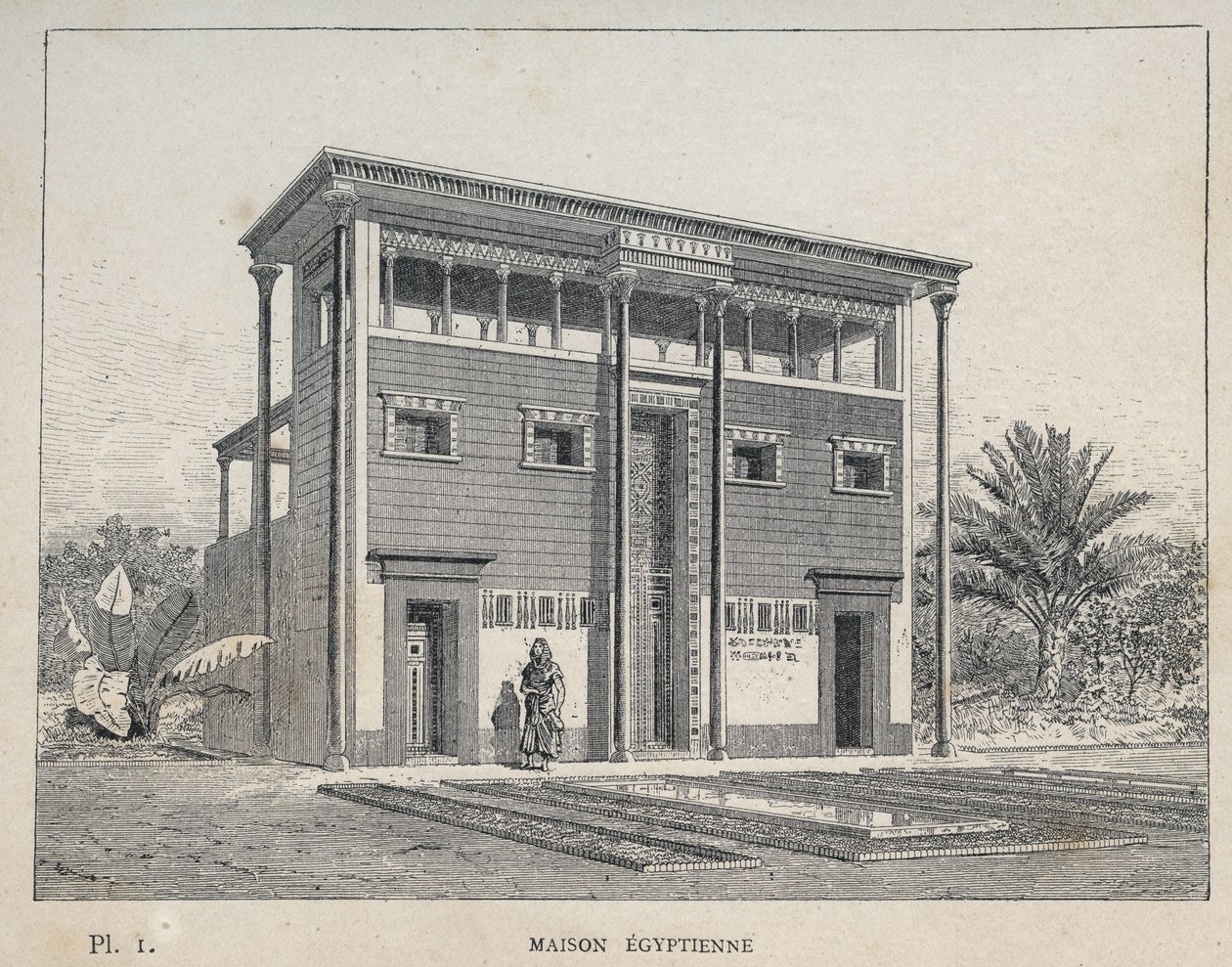 Egyiptomi ház (egyiptomi ház) - 1889-es metszet az „Emberi lakhatás története az 1889-es egyetemes kiállításon, Charles GARNIER úr – Librairie centrale des beaux-arts Paris 1889” című könyvében alkotó: Unknown artist