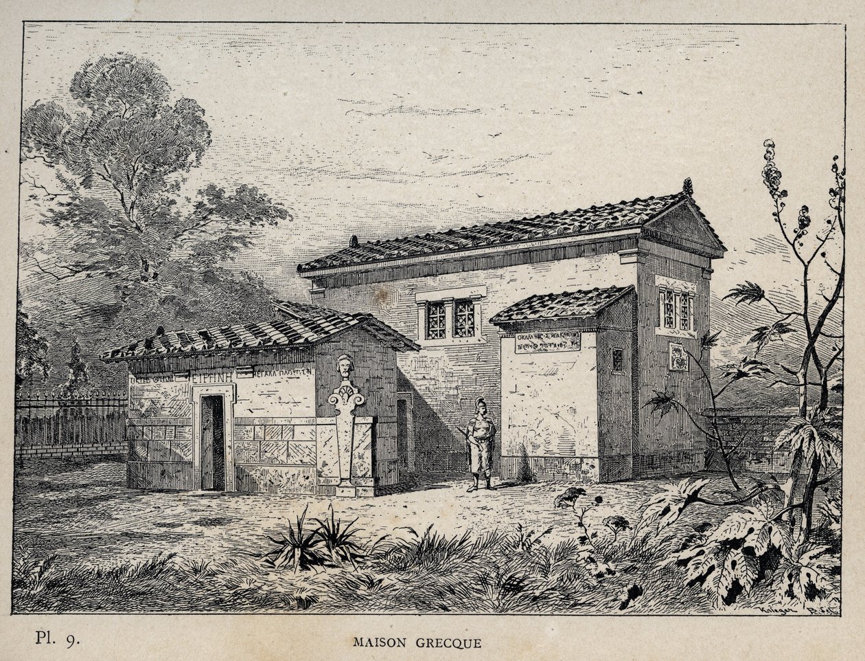 Maison Grecque (görög ház) – 1889-es metszet az „Emberi lakhatás története az 1889-es egyetemes kiállításon, Charles GARNIER úr – Librairie centrale des beaux-arts Paris 1889 című könyvében alkotó: Unknown artist