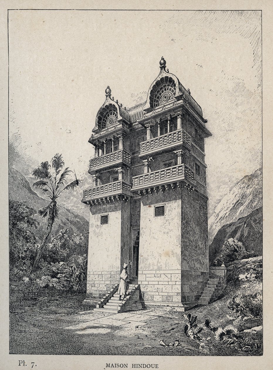 Maison Hindu (hindu ház) – Charles GARNIER úr 1889-es metszete „Az emberi tartózkodás története az 1889-es egyetemes kiállításon – Librairie centrale des beaux-arts Paris 1889” c. alkotó: Unknown artist