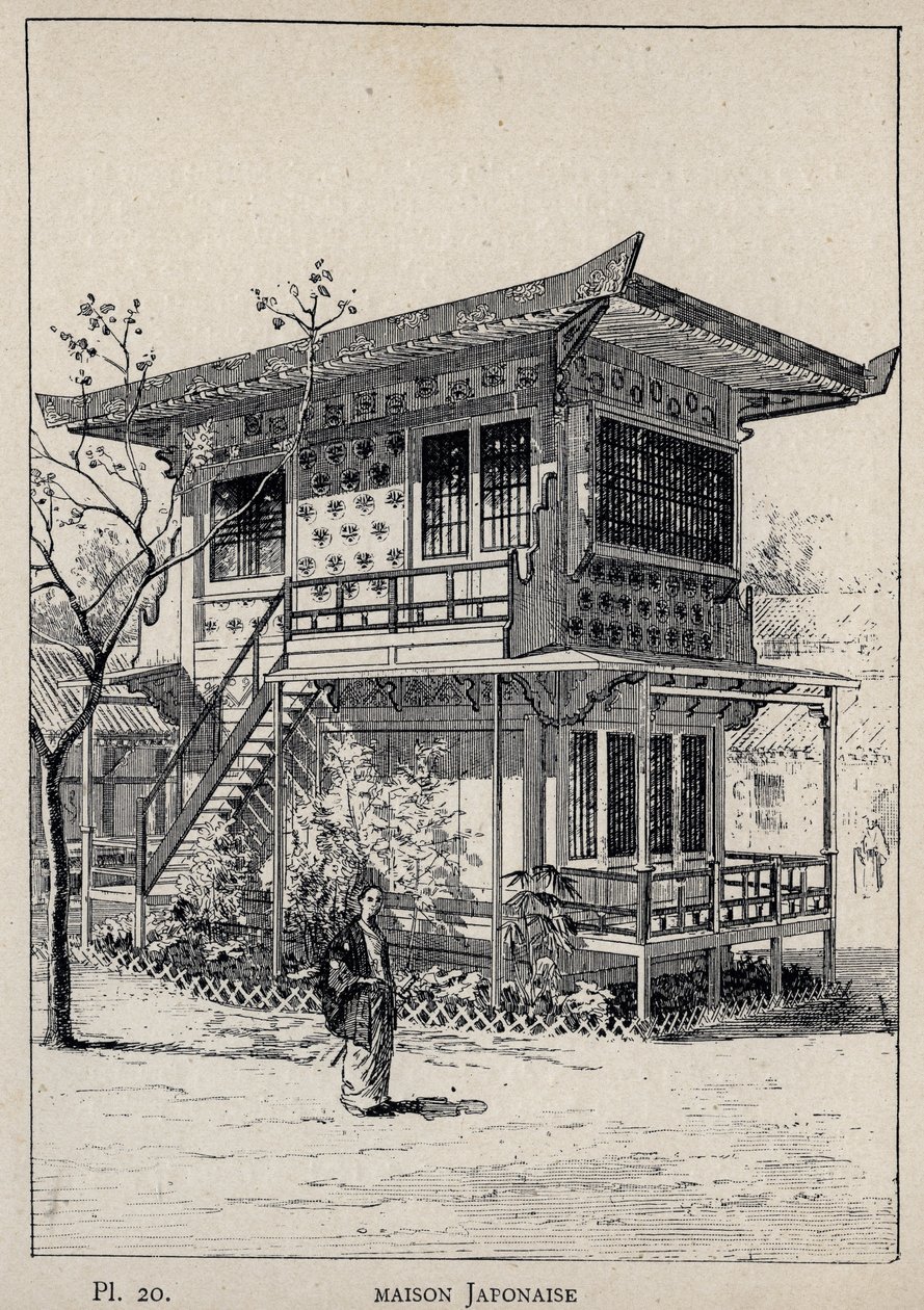 Japán ház (japán ház) - 1889-ben készült metszet az „Emberi lakhatás története az 1889-es egyetemes kiállításon, Charles GARNIER úr – Librairie centrale des beaux-arts Paris 1889 című könyvében alkotó: Unknown artist