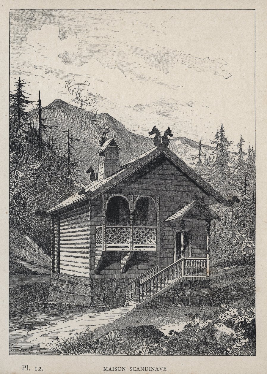 Maison Scandinavian (Skandináv Ház) – 1889-ben készült metszet az „Emberi lakhatás története az 1889-es egyetemes kiállításon, Charles GARNIER úr – Librairie centrale des beaux-arts Paris 1889 című könyvében alkotó: Unknown artist