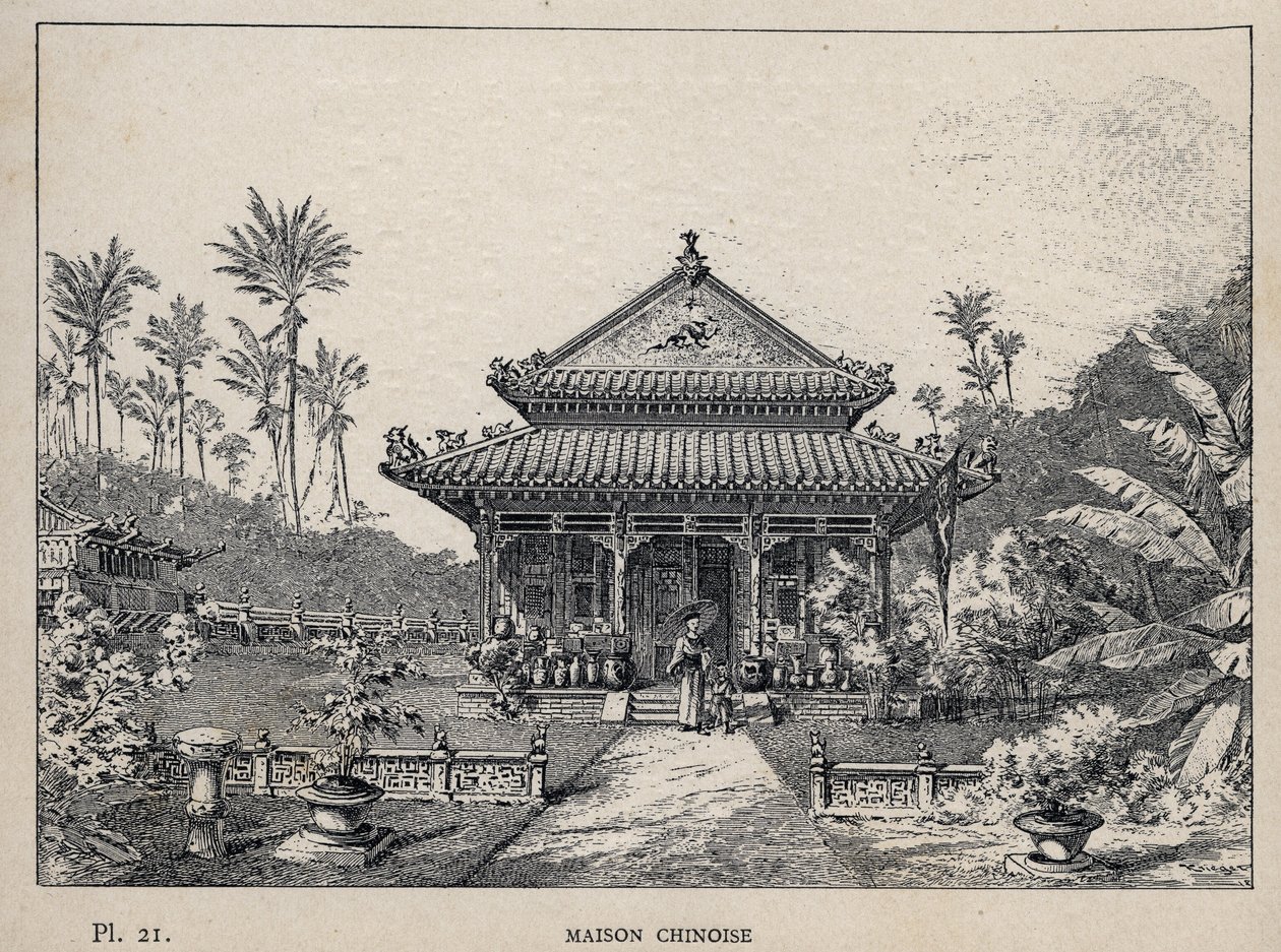 Kínai ház - (Kínai ház) - 1889-es metszet az „Emberi lakhatás története az 1889-es egyetemes kiállításon, Charles GARNIER úr – Librairie centrale des beaux-arts Paris 1889 című könyvében alkotó: Unknown artist