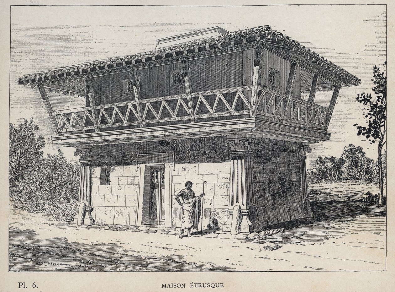 Maison etrusque (etruszk ház) - 1889-es metszet az „Emberi lakhatás története az 1889-es egyetemes kiállításon, Charles GARNIER úr – Librairie centrale des beaux-arts Paris 1889 című művében alkotó: Unknown artist