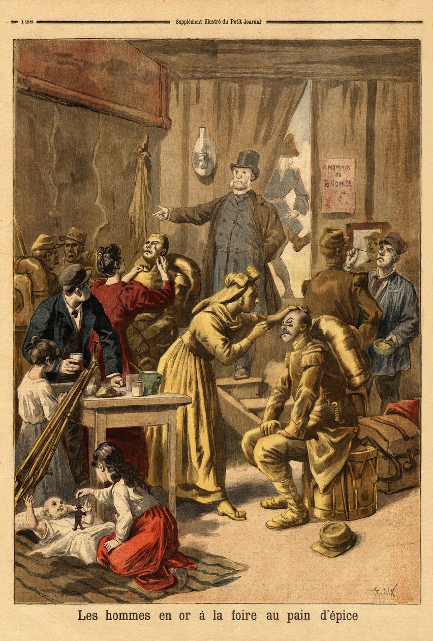 Egy élő „férfiak aranyban”” festmény szereplőinek sminkje a mézeskalácsvásárra. Metszet a „” Le petit journal”-ban” 1894.04.16. Selva gyűjteménye. alkotó: Unknown artist