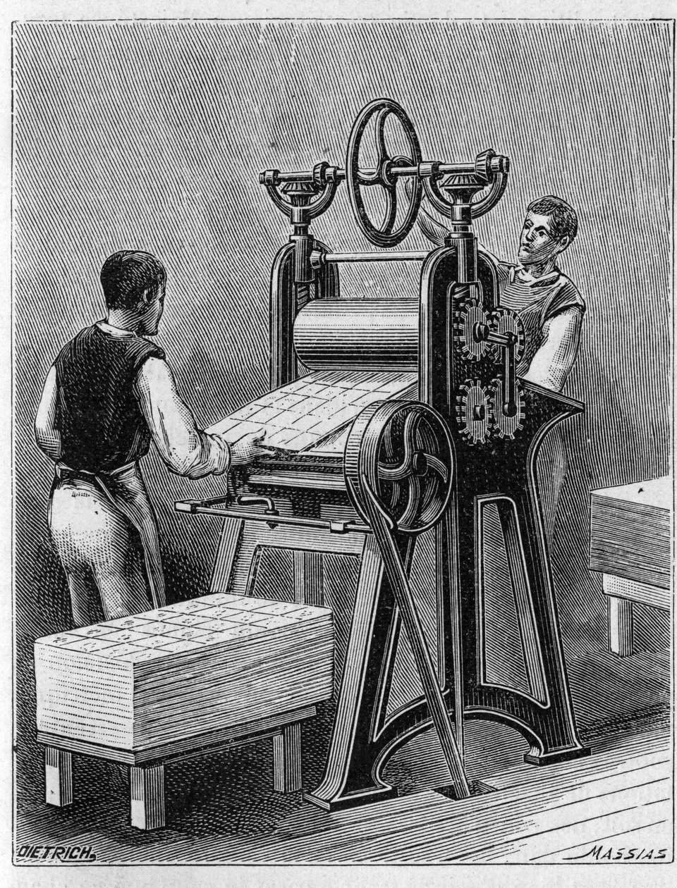 Kártyák készítése régi módszerekkel. Játékkártya henger. Metszet 1893-ból. alkotó: Unknown artist